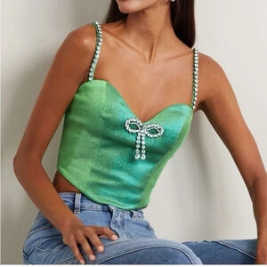 AREA Green Crystal Rhinestone Bow Strappy Cropped Bustier Corset Top Size 10
